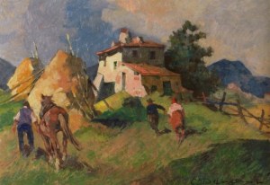 Paesaggio con figure Olio su masonite 50cm per 70cm